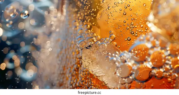 Close up of Ice and Bubbles in a Glass of Drink