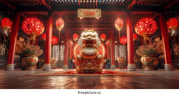Chinese New Year Temple Interior Decoration with Guardian Lion Statue