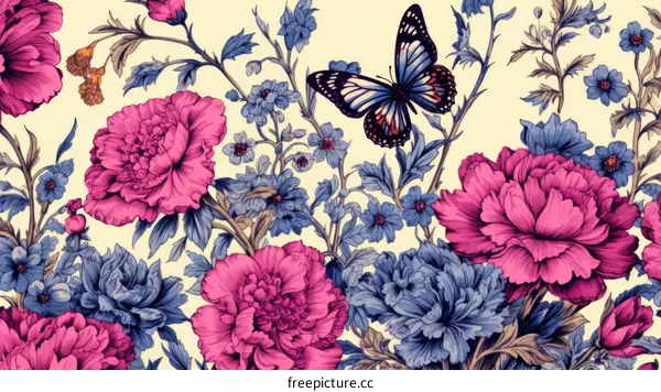 Pink and blue flowers with a butterfly