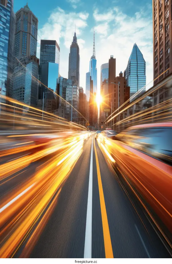 Urban Road with Motion Blurred Cars in the City at Sunset