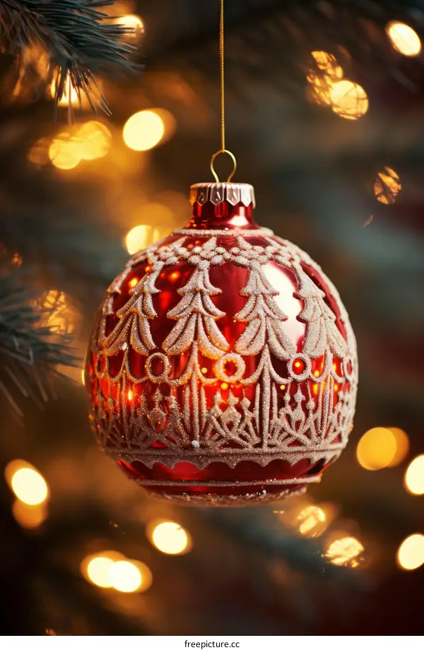 Red Christmas ball hanging on a pine tree with blurred lights in the background