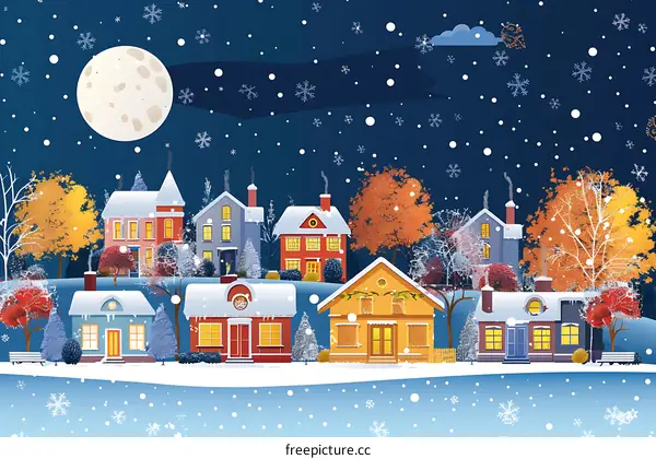 Winter Village Night Landscape Illustration