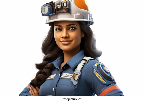 Confident Indian woman wearing hardhat and safety vest