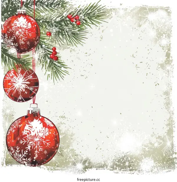 Three Red Christmas Ornaments Hanging on a Pine Branch