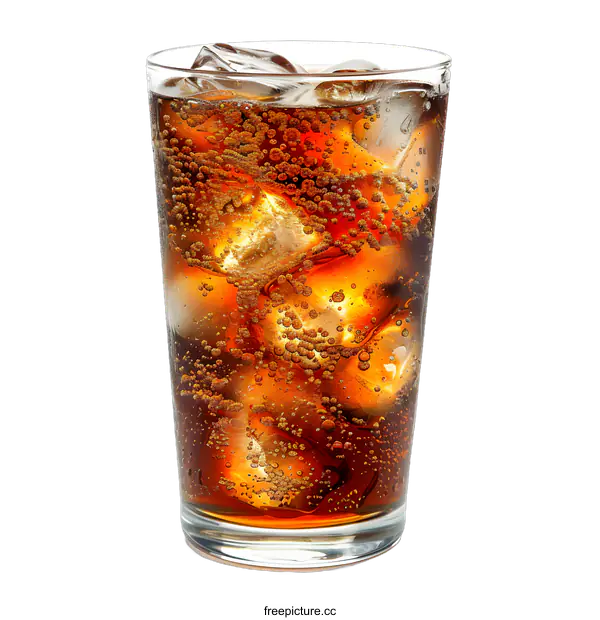 [Transparent Background PNG]Glass of Cola with Ice Cubes and Bubbles