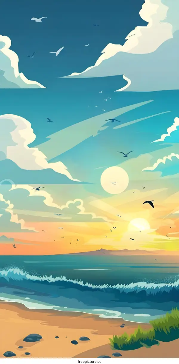 Sunset Landscape with Birds Flying Over the Ocean and Beach