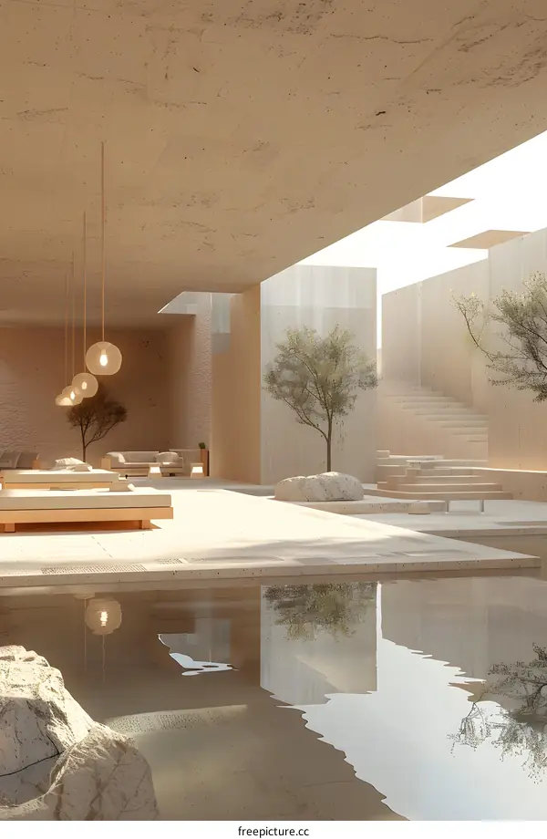 Modern architecture house interior with swimming pool