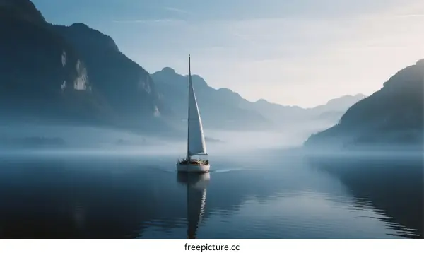A serene sailboat gliding on misty mountain lake at dawn