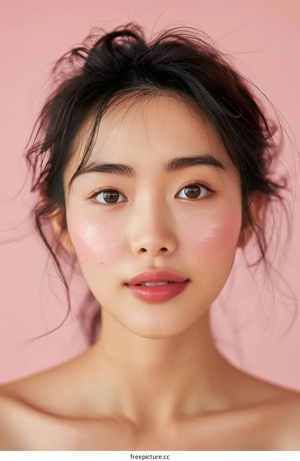 Beautiful Asian Woman With Makeup on a Pink Background