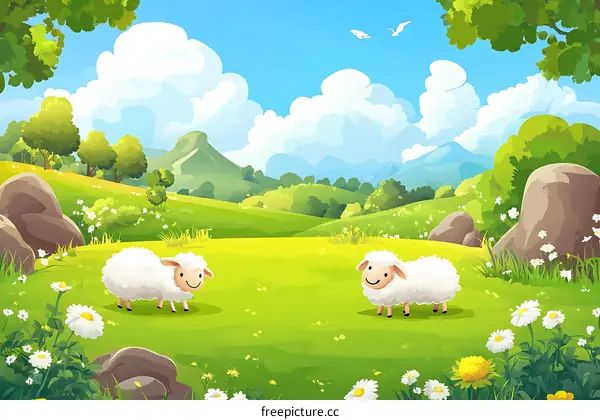 Two Cartoon Sheep In A Lush Green Meadow