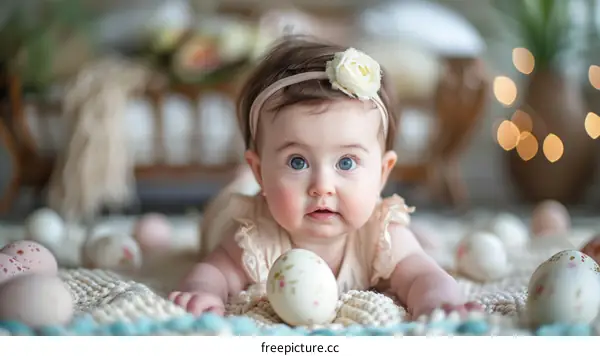 An adorable baby girl in a floral headband lies on her stomach among Easter eggs