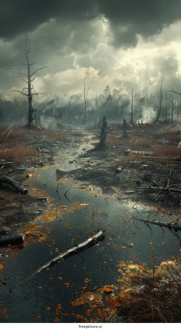 A post-apocalyptic landscape with a river running through it