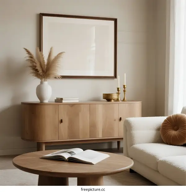 Modern Living Room Interior with Wooden Furniture and Soft Lighting