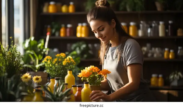 Young Woman Arranging Flowers at a Farmers Market