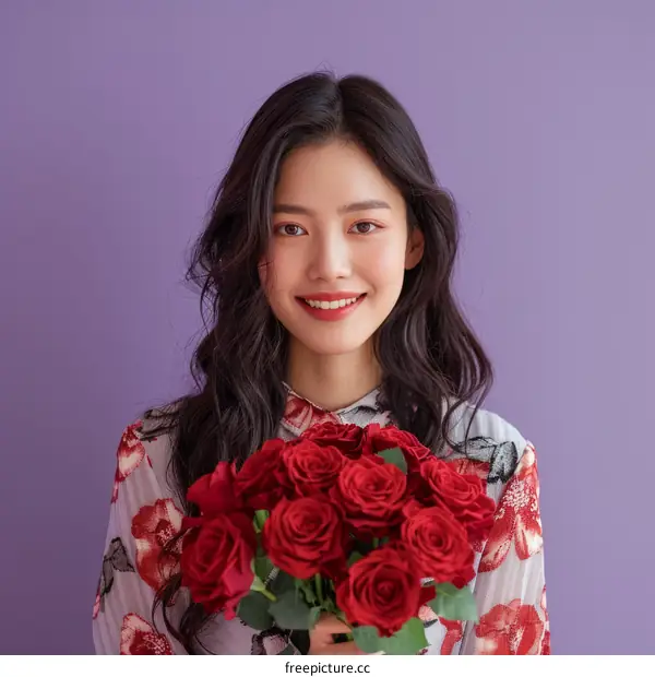 A young woman is holding a bouquet of red roses and smiling at the camera.