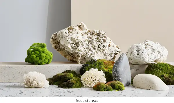 White and Green Stones with Moss