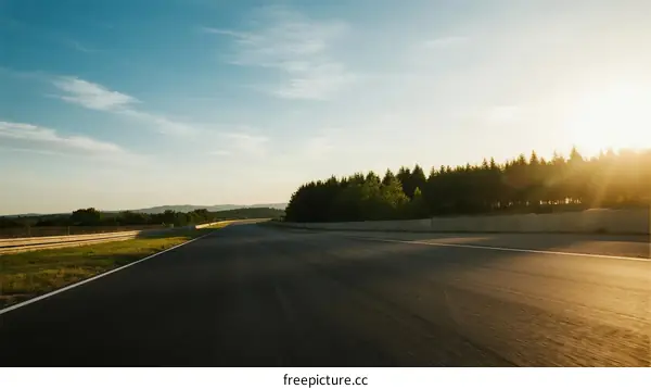 Sunlit race track with clear sky and trees on one side