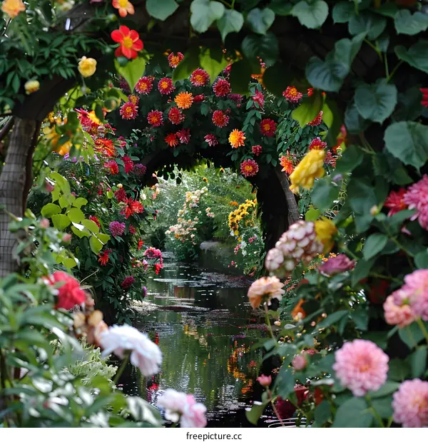 Blooming Flower Archway Over Waterway in Garden