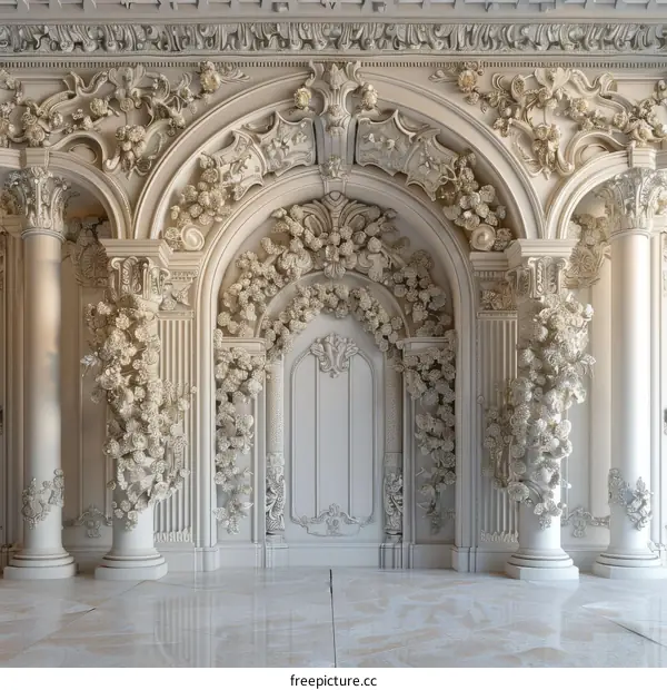 Ornate White Marble Wall with Columns and Floral Sculptures