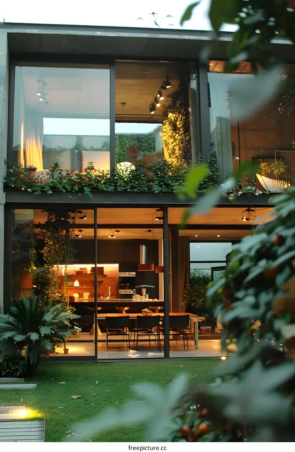 Modern House with Large Windows and Green Plants