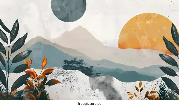 Abstract Mountain Landscape Illustration With Sun and Moon