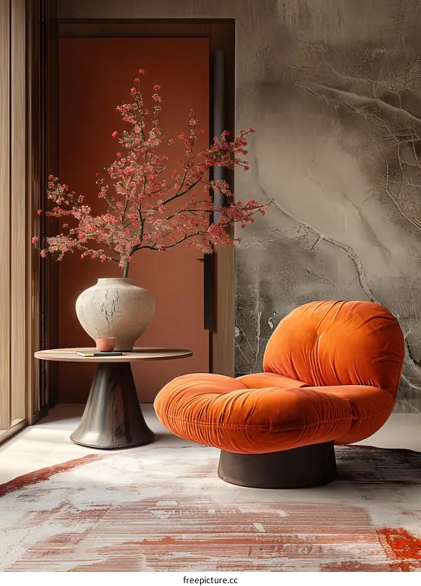 Modern Orange Velvet Armchair in a Contemporary Interior Design