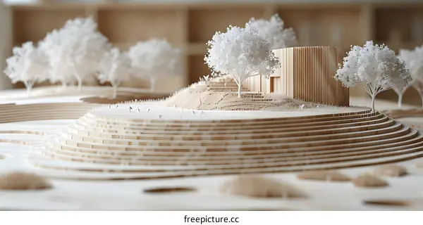 Wooden Model of Landscape Design with Trees and Buildings