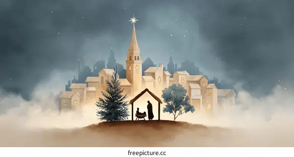 Christmas Nativity Scene in a Misty Village