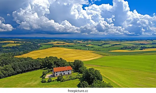 Aerial View of a Farmland Landscape with a Farmhouse