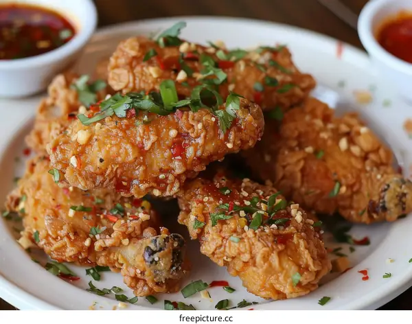Fried chicken wings with parsley flakes and chili peppers