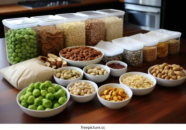 Assortment of Nuts and Seeds in Glass Jars and Bowls