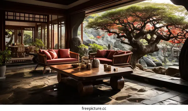 Japanese style living room with a view of a Zen garden