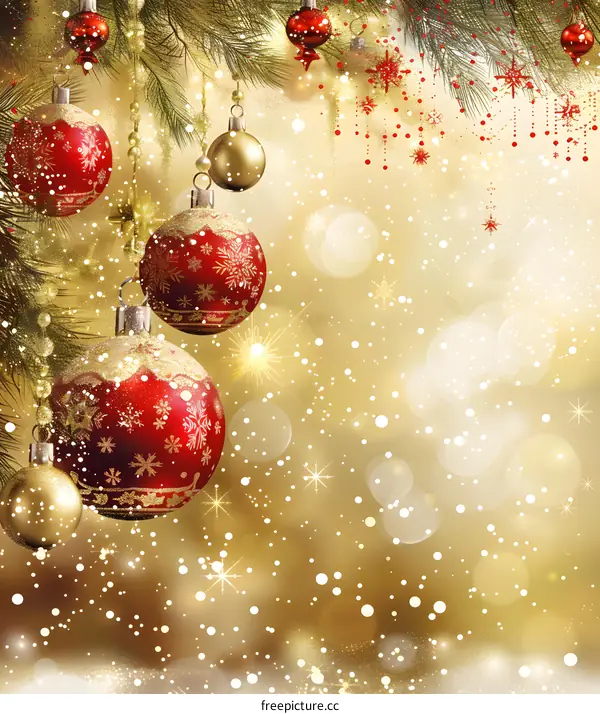 Christmas ornaments hanging from a pine tree branch with a gold background