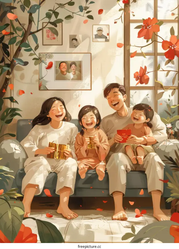 A happy family of four is sitting on the couch and laughing.