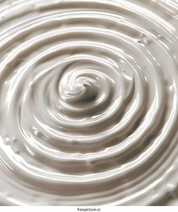 Close-up of a white creamy liquid with a smooth surface and a whirlpool in the center