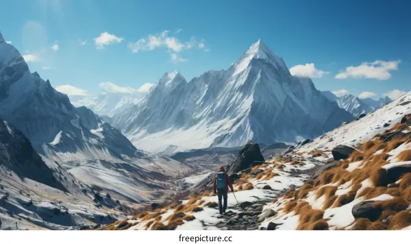A lone hiker traverses a rugged mountain pass on a clear day