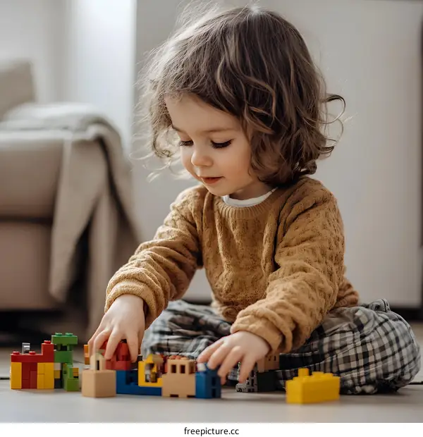 Little Girl Playing with Colorful Building Blocks