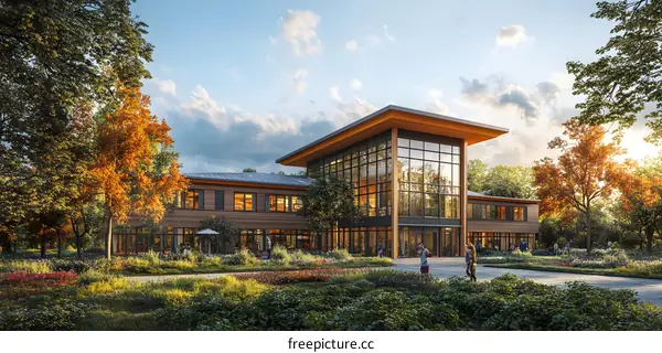 Modern Building with Glass Facade and Surrounding Trees