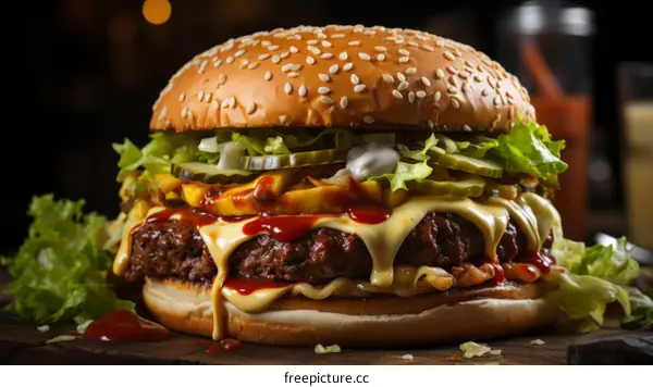 yummy beef burger with melted cheese and pickles