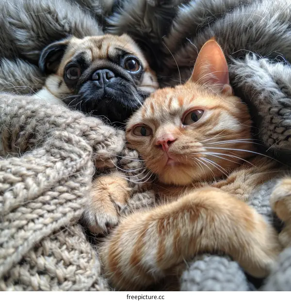 A Pug and an Orange Tabby Cat Snuggle Together Under a Fur Blanket