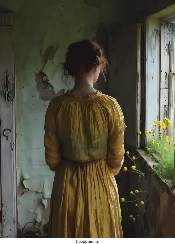 A woman standing in a room with a window