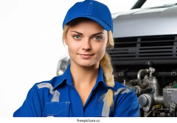 Portrait of a female mechanic in a blue cap and blue overalls standing in front of a truck engine