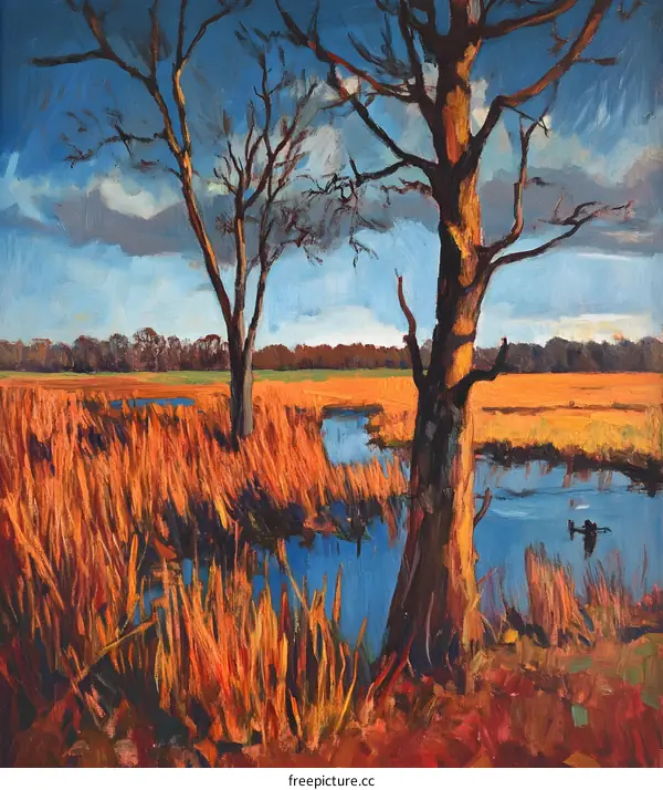 Painting of a Forest Stream with Two Trees and Fall Foliage