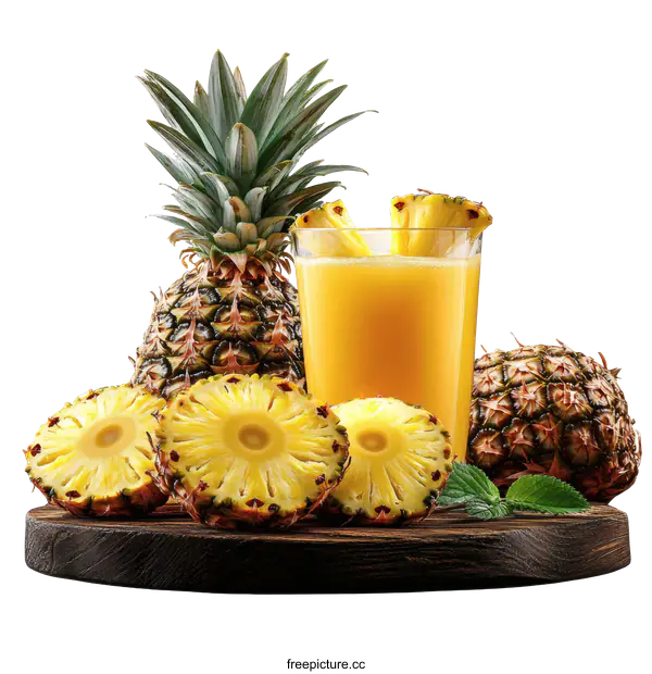 [Transparent Background PNG]Pineapple Juice and Fresh Pineapples on Wooden Board