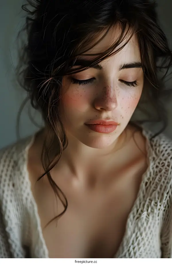 portrait of a beautiful young woman with freckles