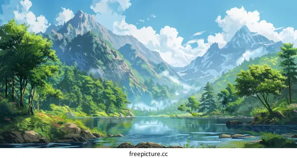 Anime Landscape: Mountains, Lake, and Trees