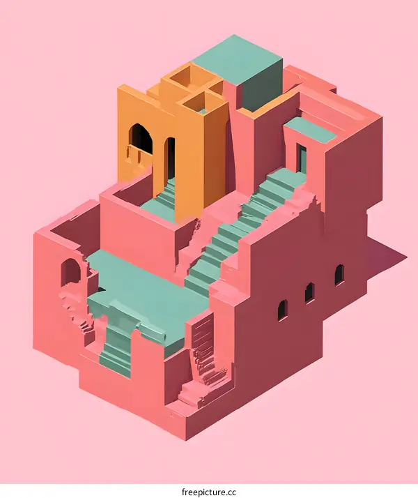 Abstract Geometric Building Design with Stairs and Arches