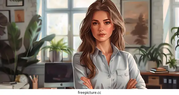 portrait of a young woman in a white shirt standing in an office