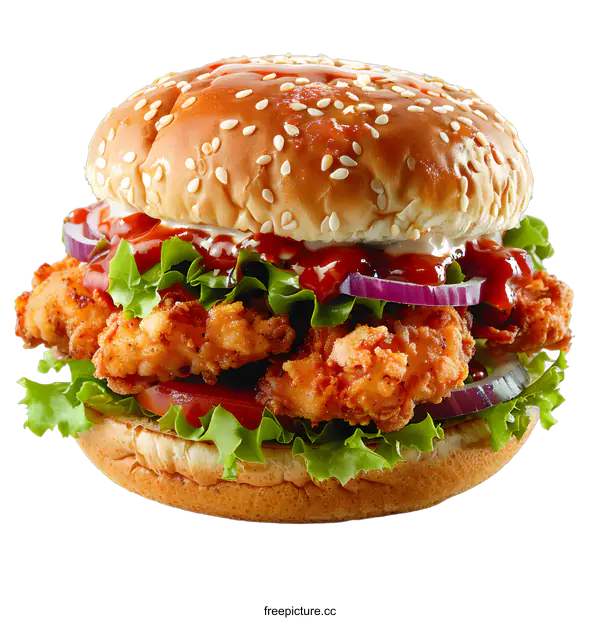 [Transparent Background PNG]Crispy fried chicken sandwich with lettuce tomato onion and red sauce