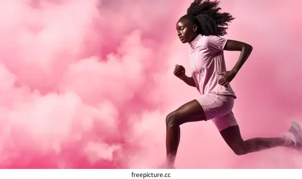 Powerful Female Runner Breaking Through Pink Smoke